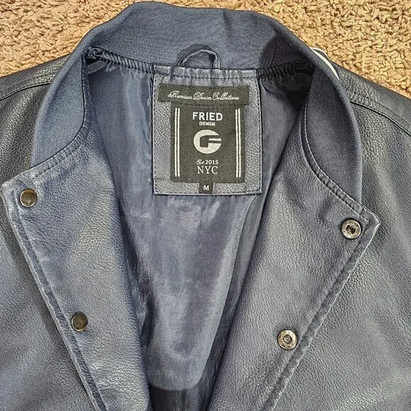 Fried Denim NYC Varsity Jacket Mens M Blue Faux Leather Preppy Bomber EUC - Picture 4 of 7